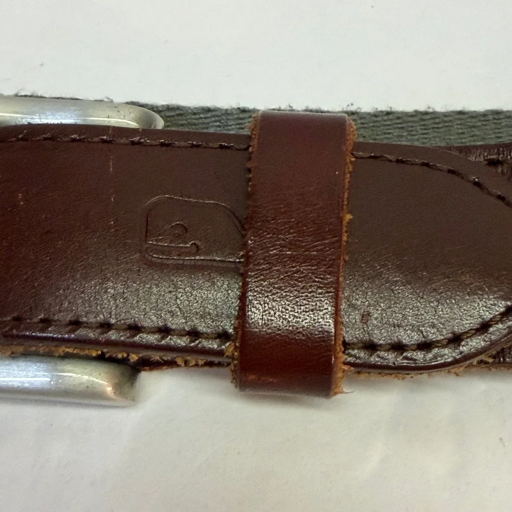 Vineyard Vines Mens Size 34 Striped Canvas Leather Belt Green Tan Preppy Whale